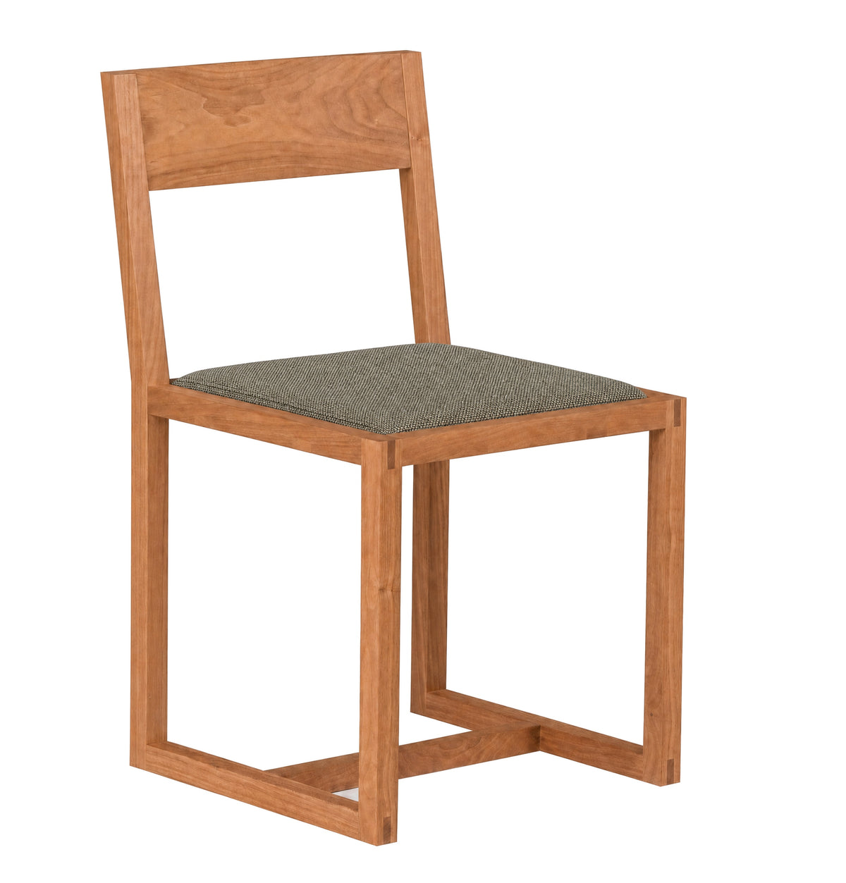 A modern wooden dining chair with a warm medium-brown wood frame and a textured gray fabric seat cushion, shown against a plain white background.