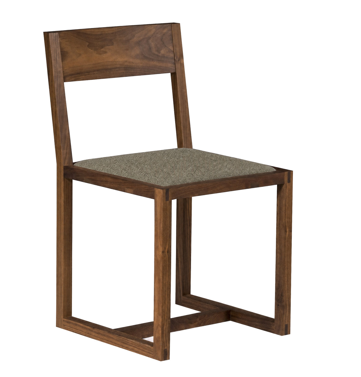 A modern wooden dining chair with a dark brown wood frame and a textured gray fabric seat cushion, shown against a plain white background.