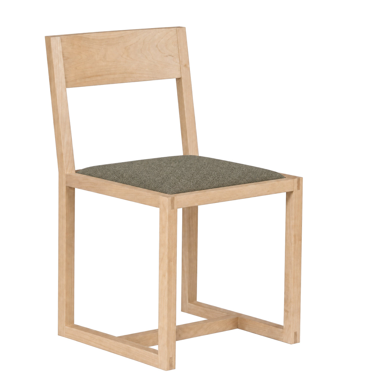 A minimalist wooden dining chair with a light natural oak frame and a textured dark gray fabric seat cushion, shown against a plain white background.