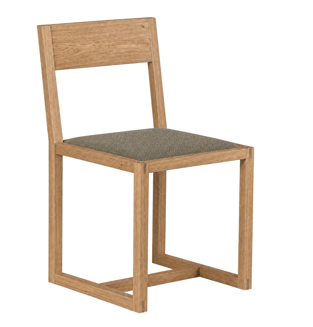 A modern wooden dining chair with a light oak frame and a textured gray fabric seat cushion, shown from a three-quarters angle on a white background.