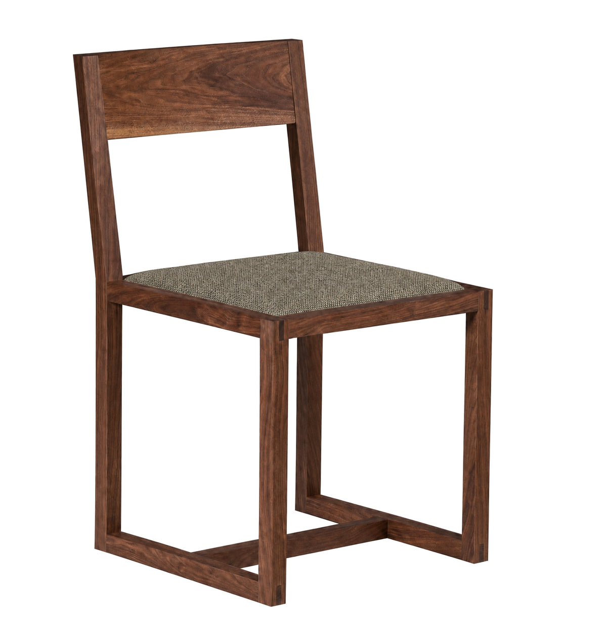 A modern wooden dining chair with a dark brown wood frame and a textured gray upholstered seat, shown against a plain white background.