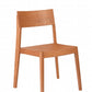 A minimalist wooden dining chair with a warm orange-brown finish, featuring a backrest and tapered legs, isolated on a white background.