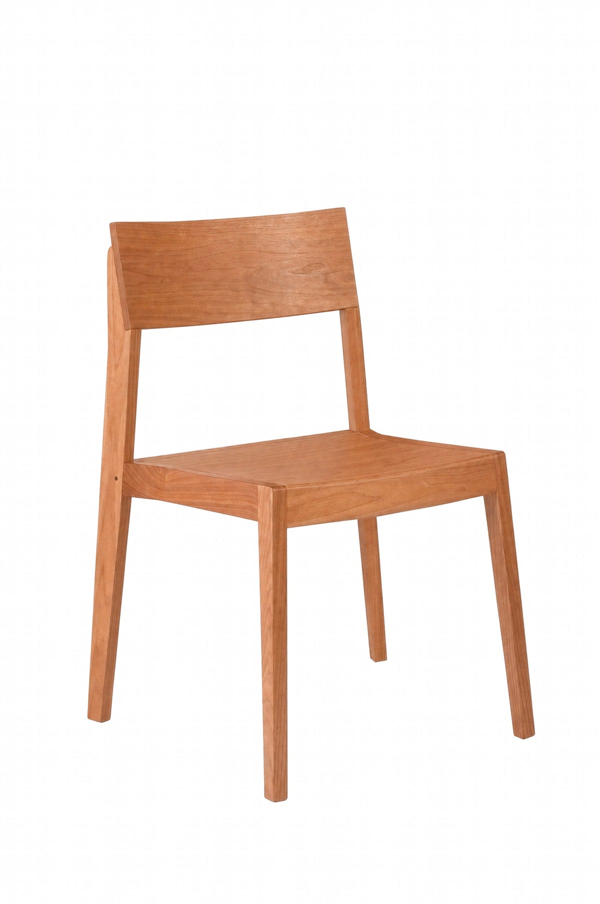 A minimalist wooden dining chair with a warm orange-brown finish, featuring a backrest and tapered legs, isolated on a white background.