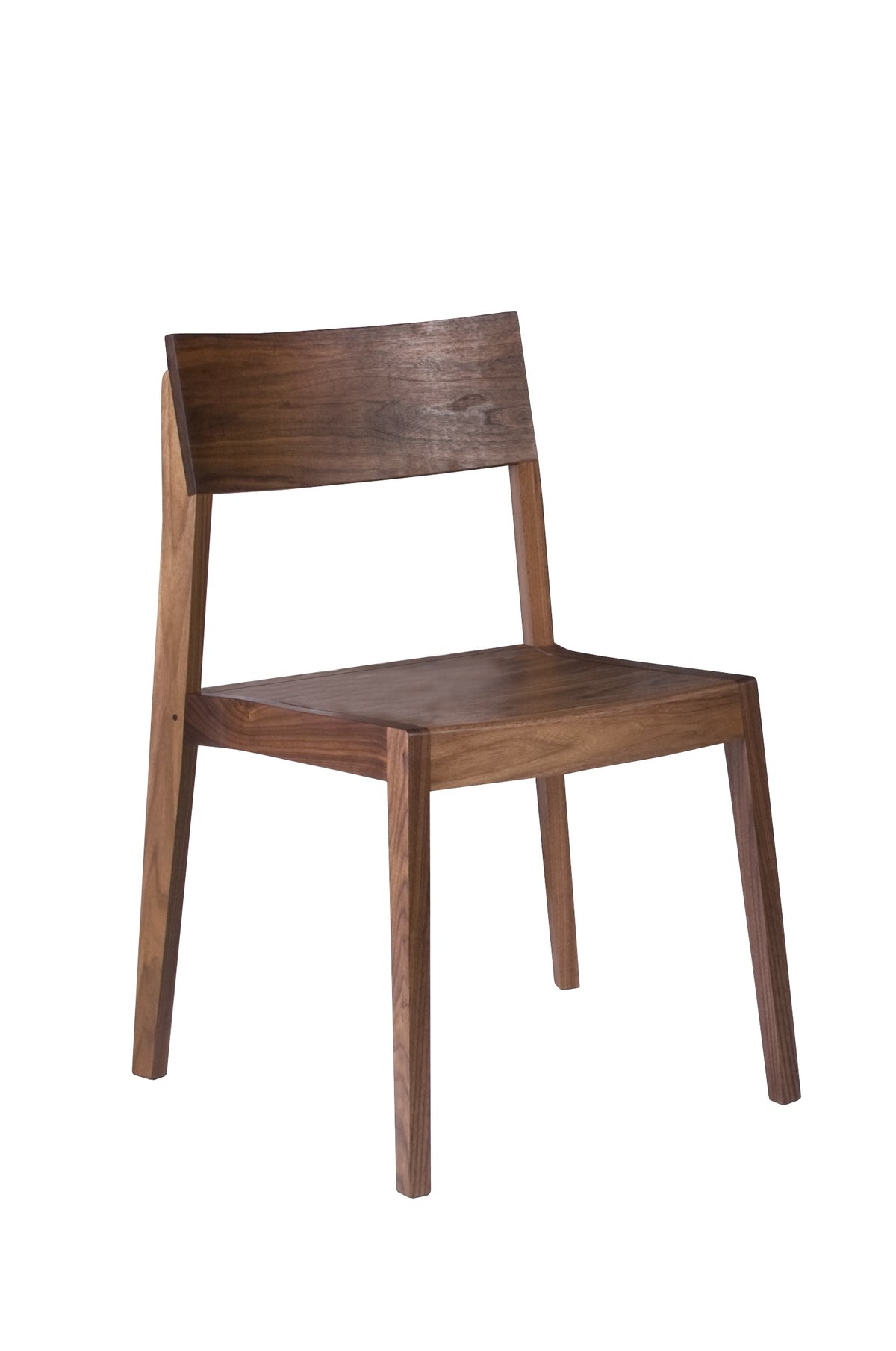 A modern wooden dining chair with a warm medium-brown finish, featuring a backrest and four tapered legs, shown against a plain white background.