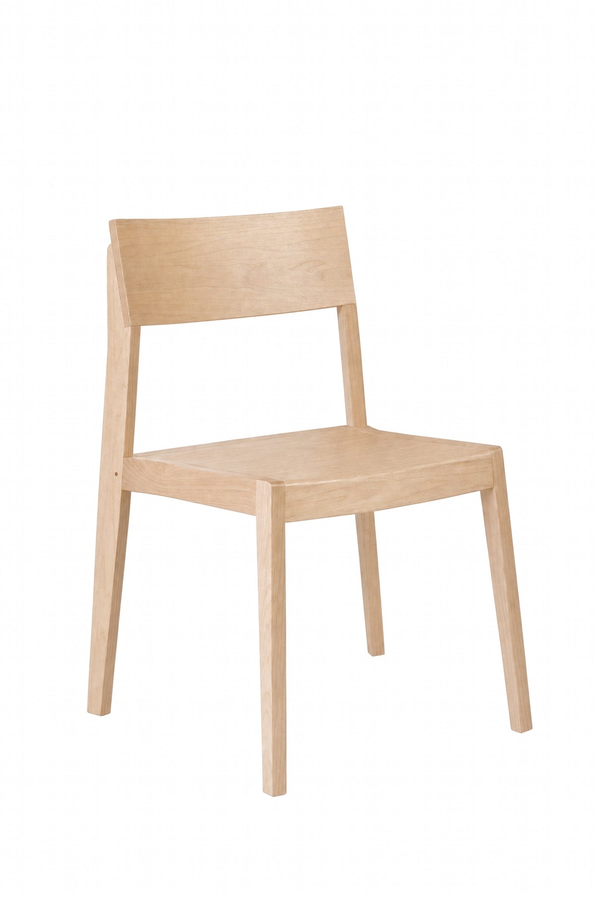 A minimalist light natural wood dining chair with a simple rectangular backrest and tapered legs, shown against a plain white background.