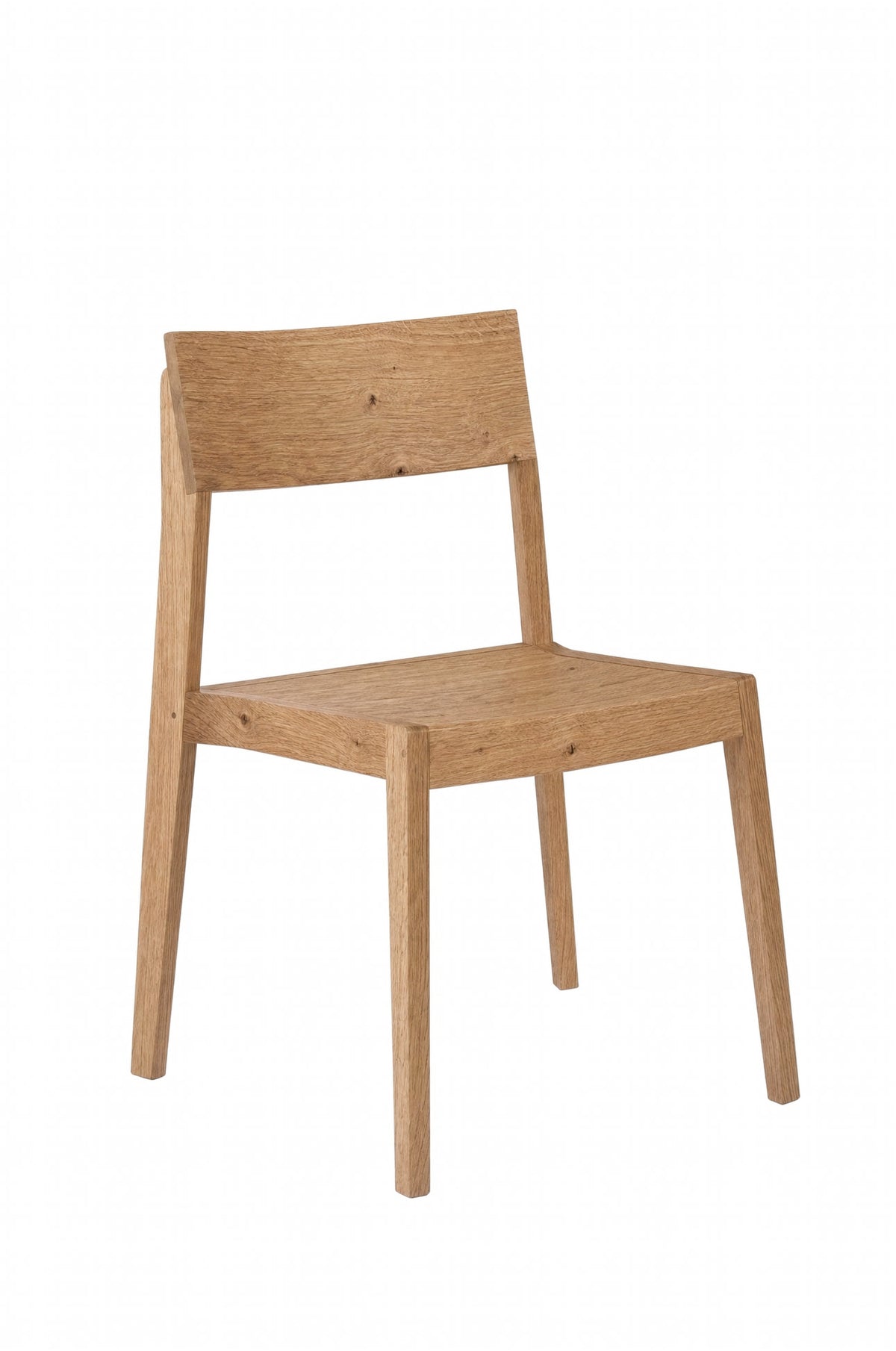 A minimalist light oak wood dining chair with a rectangular backrest and tapered legs, shown from a three-quarter angle on a solid white background.