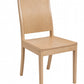 A light natural wood dining chair with a minimalist design, shown from a three-quarter angle on a solid white background.