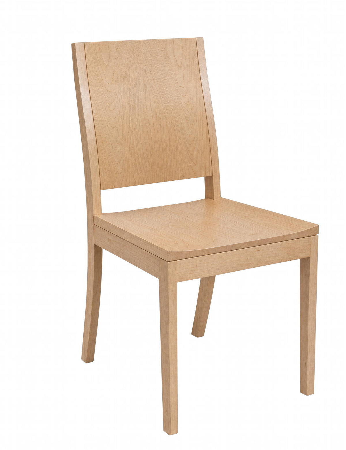 A light natural wood dining chair with a minimalist design, shown from a three-quarter angle on a solid white background.