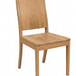 A light oak wood dining chair with a rectangular seat, a tall slatted backrest, and tapered legs, shown against a plain white background.