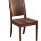 A dark brown wooden dining chair with a high backrest, shown from a three-quarter angle on a solid white background.