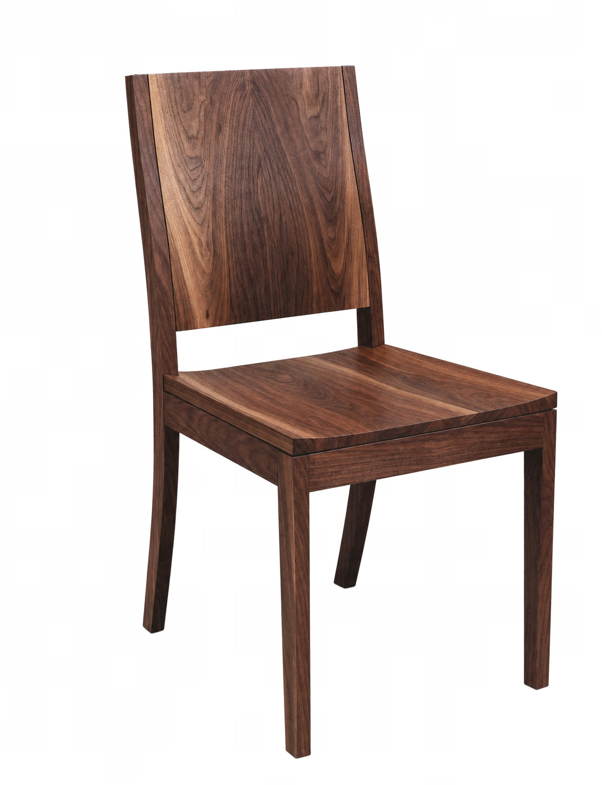 A dark brown wooden dining chair with a high backrest, shown from a three-quarter angle on a solid white background.