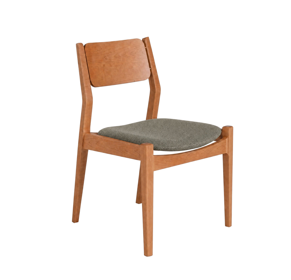 A mid-century modern wooden dining chair with a warm brown wood frame and a textured gray fabric seat cushion, shown against a plain white background.