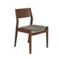 A mid-century modern wooden dining chair with a dark brown walnut-look frame and a textured gray upholstered seat cushion, shown against a plain white background.