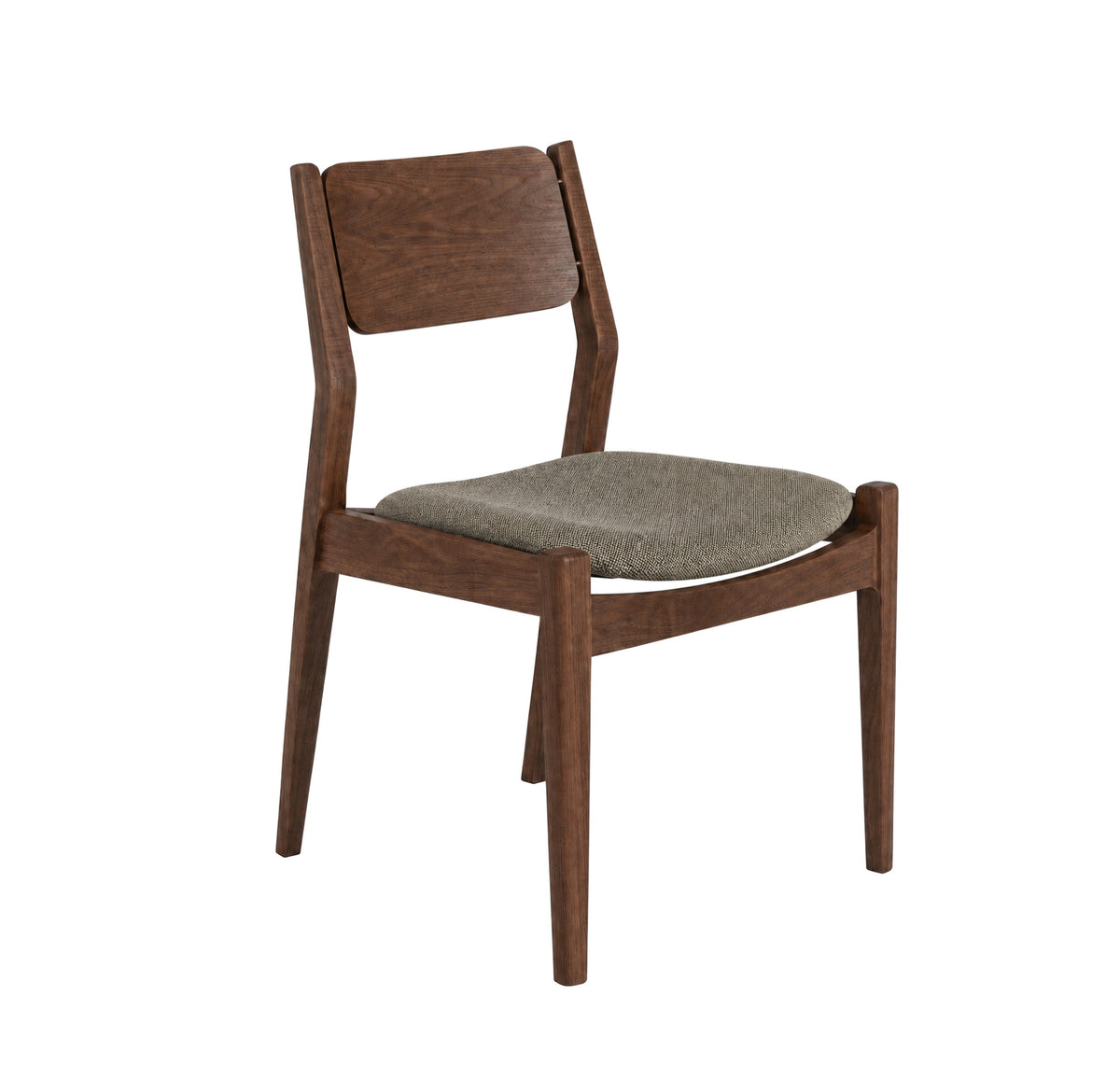 A mid-century modern wooden dining chair with a dark brown walnut-look frame and a textured gray upholstered seat cushion, shown against a plain white background.