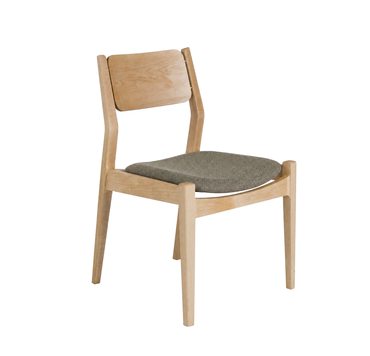 A modern wooden dining chair with a light natural oak frame and a textured gray fabric seat cushion, shown against a plain white background.