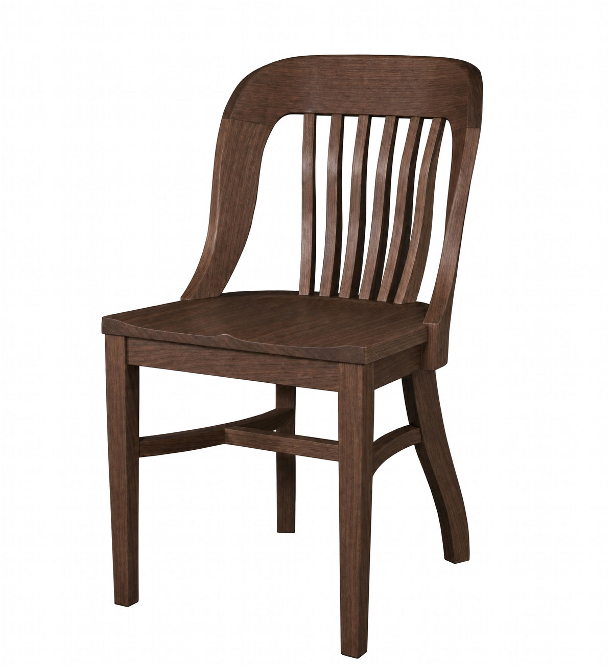 A dark brown wooden dining chair with a slatted backrest and a curved backrest, shown on a plain white background.