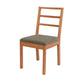 A wooden dining chair with a slatted backrest and a textured gray upholstered seat cushion, shown on a plain white background.