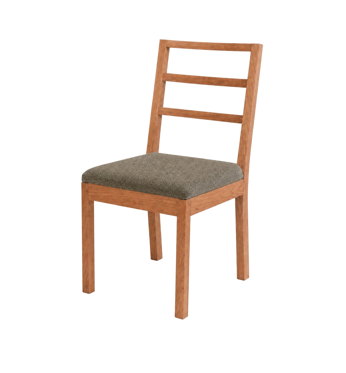 A wooden dining chair with a slatted backrest and a textured gray upholstered seat cushion, shown on a plain white background.