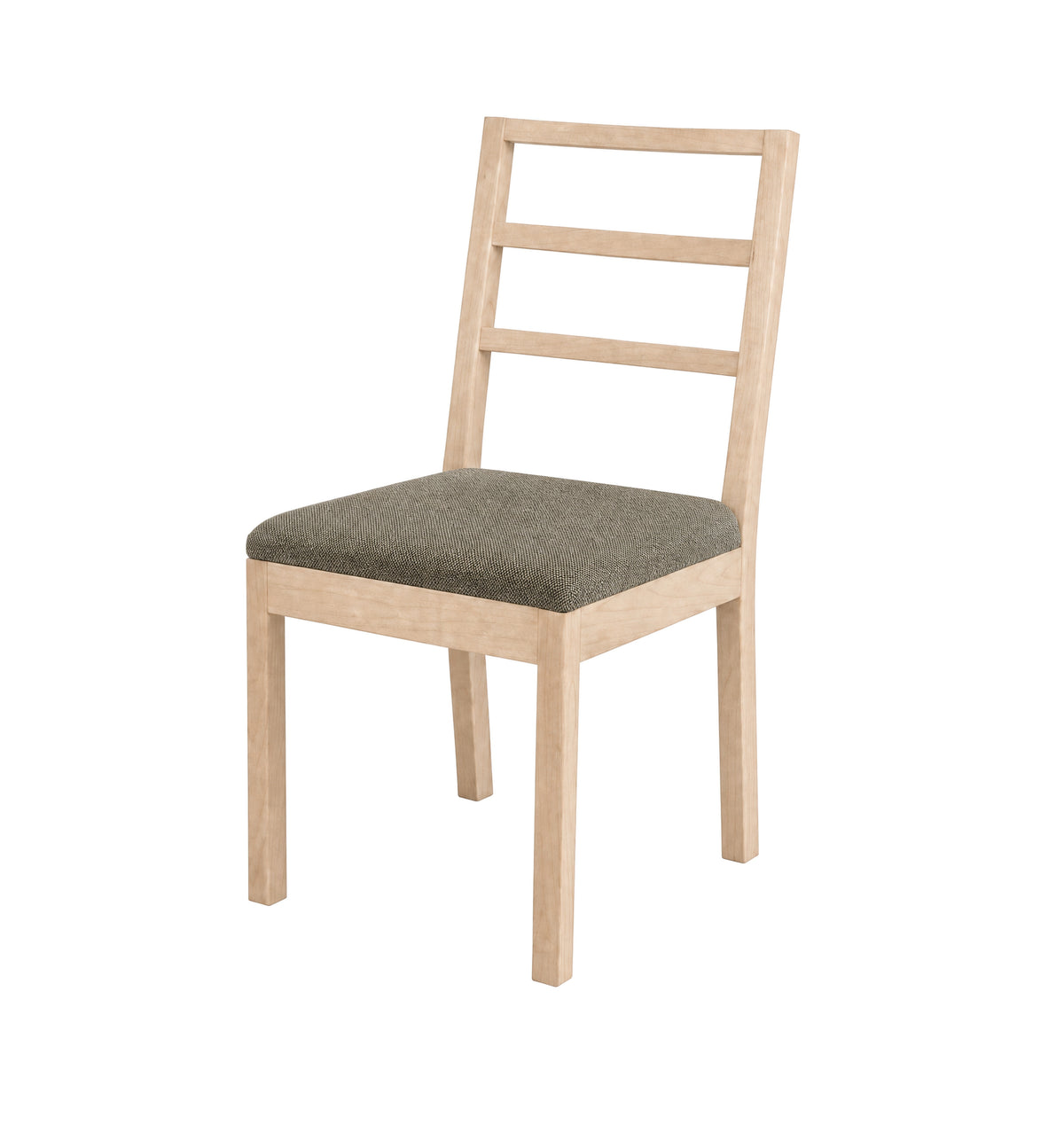 A modern wooden dining chair with a light natural oak frame and a textured gray-green upholstered seat cushion, shown against a plain white background.