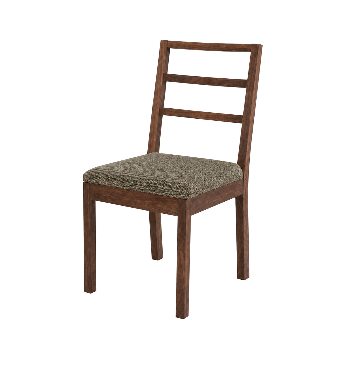 A wooden dining chair with a medium brown frame and a textured gray upholstered seat cushion, shown against a plain white background.