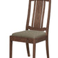 A wooden dining chair with a dark brown wood frame and a textured gray upholstered seat cushion, shown against a plain white background.