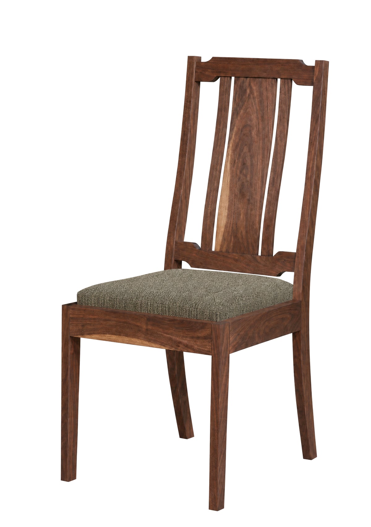 A wooden dining chair with a tall slatted backrest and a textured gray upholstered seat, shown on a plain white background.