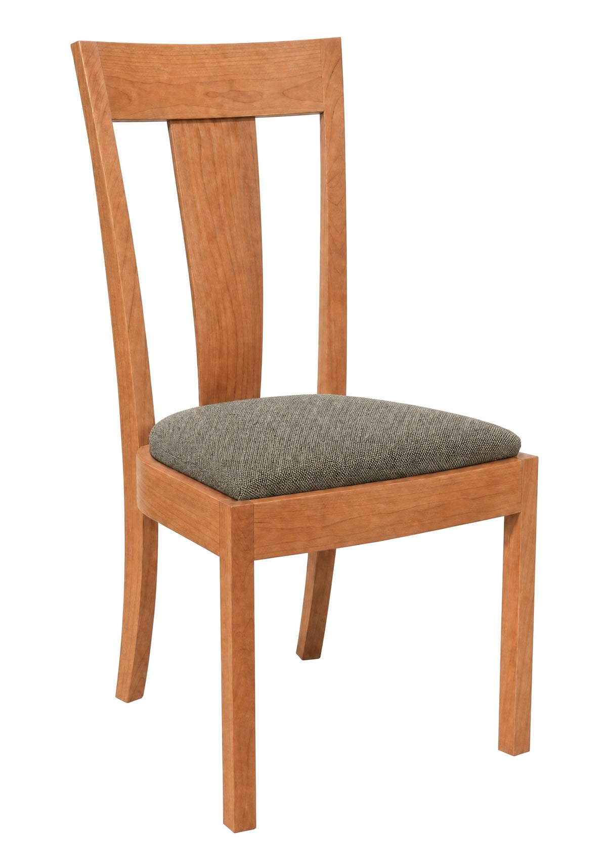 A wooden dining chair with a warm medium-brown wood frame and a textured gray upholstered seat cushion, shown against a plain white background.