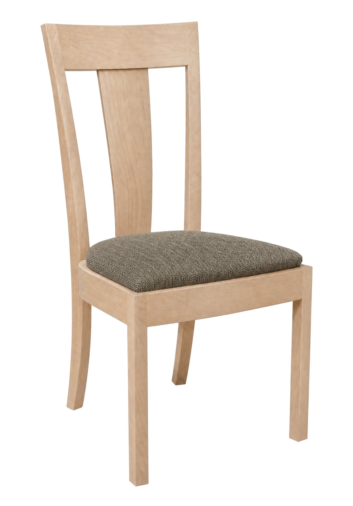 A light natural wood dining chair with a gray upholstered seat cushion, shown against a plain white background.
