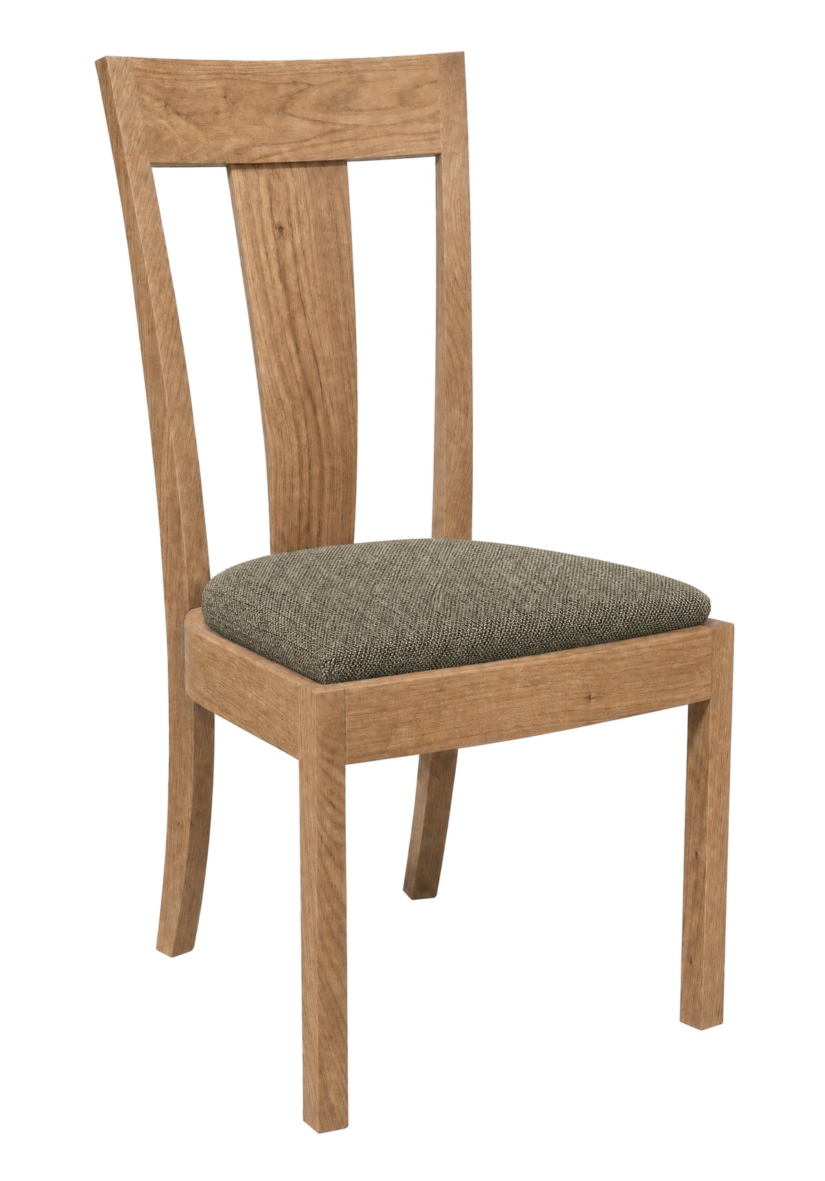 A wooden dining chair with a natural oak finish and a textured gray upholstered seat cushion, shown against a plain white background.