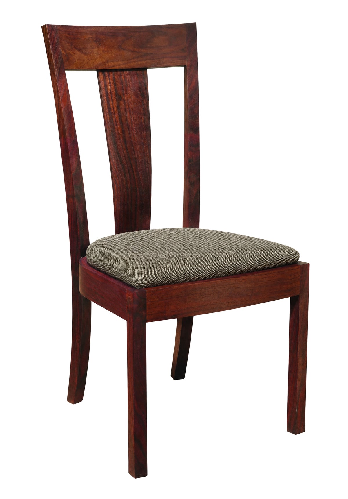 A wooden dining chair with a dark reddish-brown wood frame and a textured gray upholstered seat cushion, shown against a plain white background.