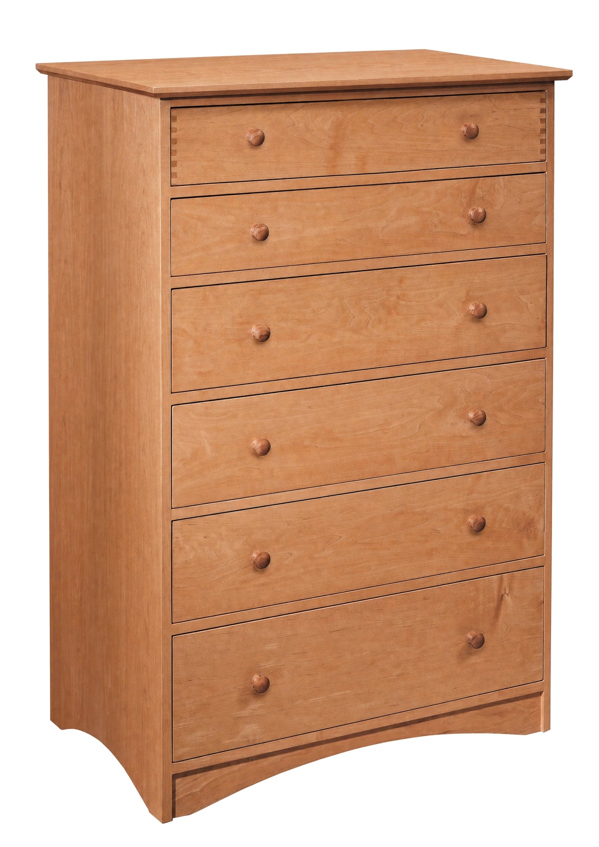 Tall 6 drawer dresser in Cherry finish with wood knobs. Shown on a plain white background.