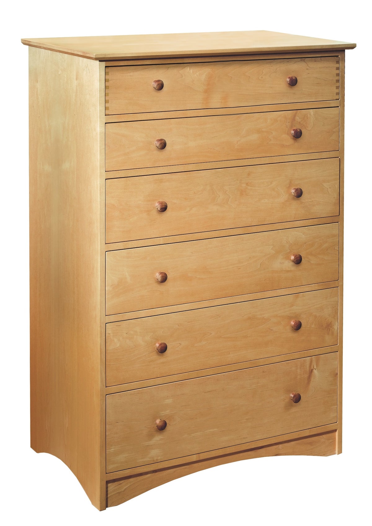 Tall 6 drawer dresser in Maple finish with wood knobs. Shown on a plain white background.