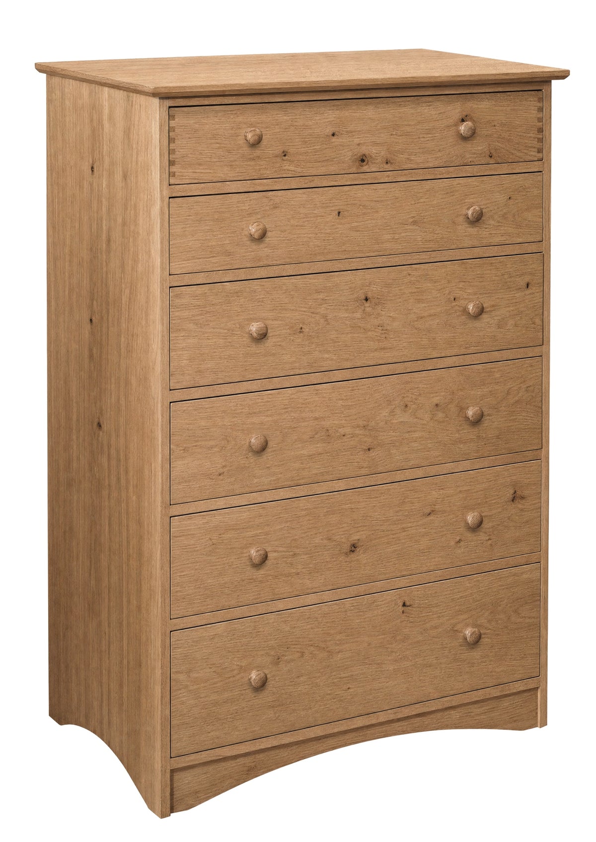 Tall 6 drawer dresser in an Oak finish with wood knobs. Shown on a plain white background.