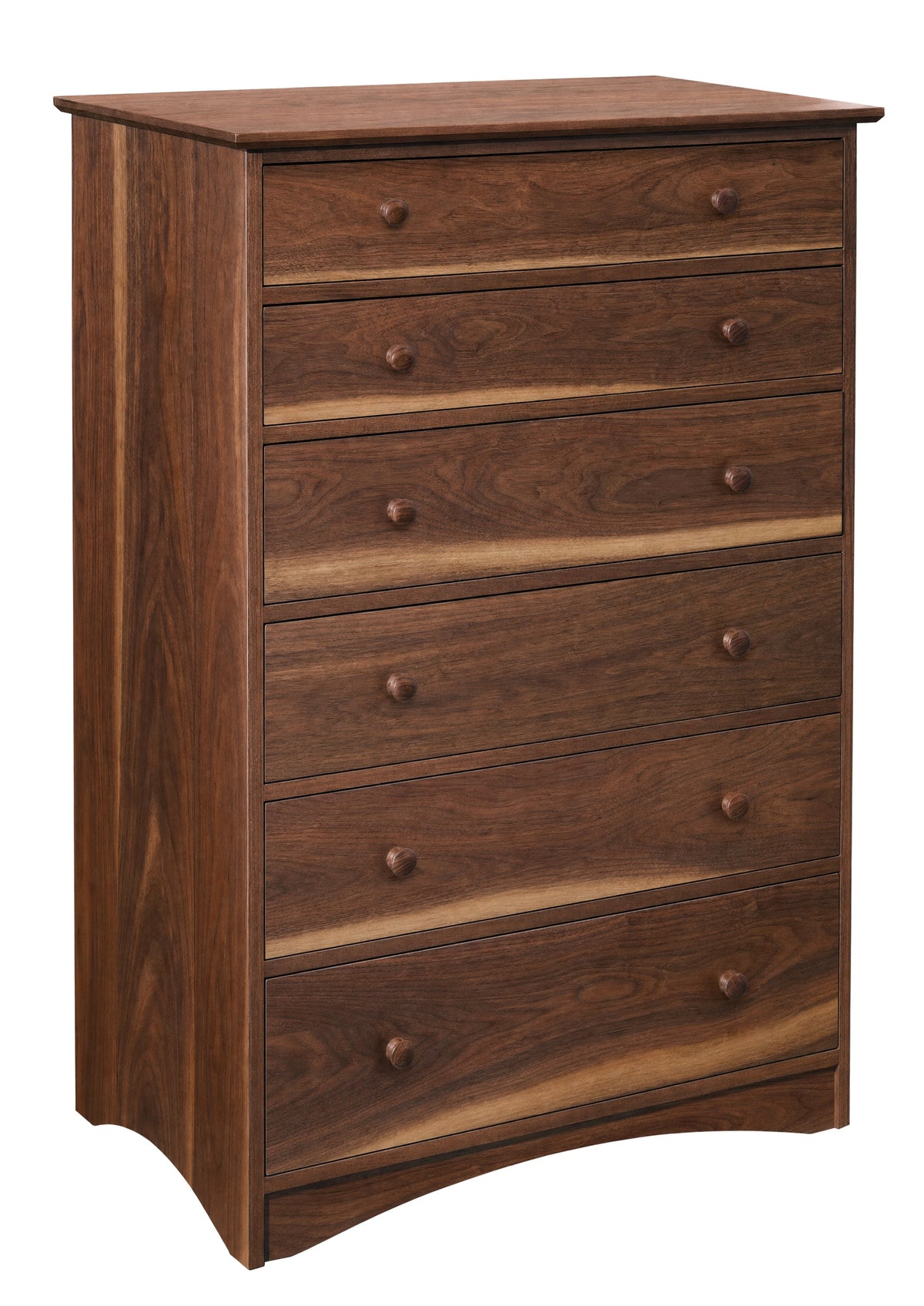 Tall 6 drawer dresser in dark Walnut finish with wood knobs. Shown on a plain white background.