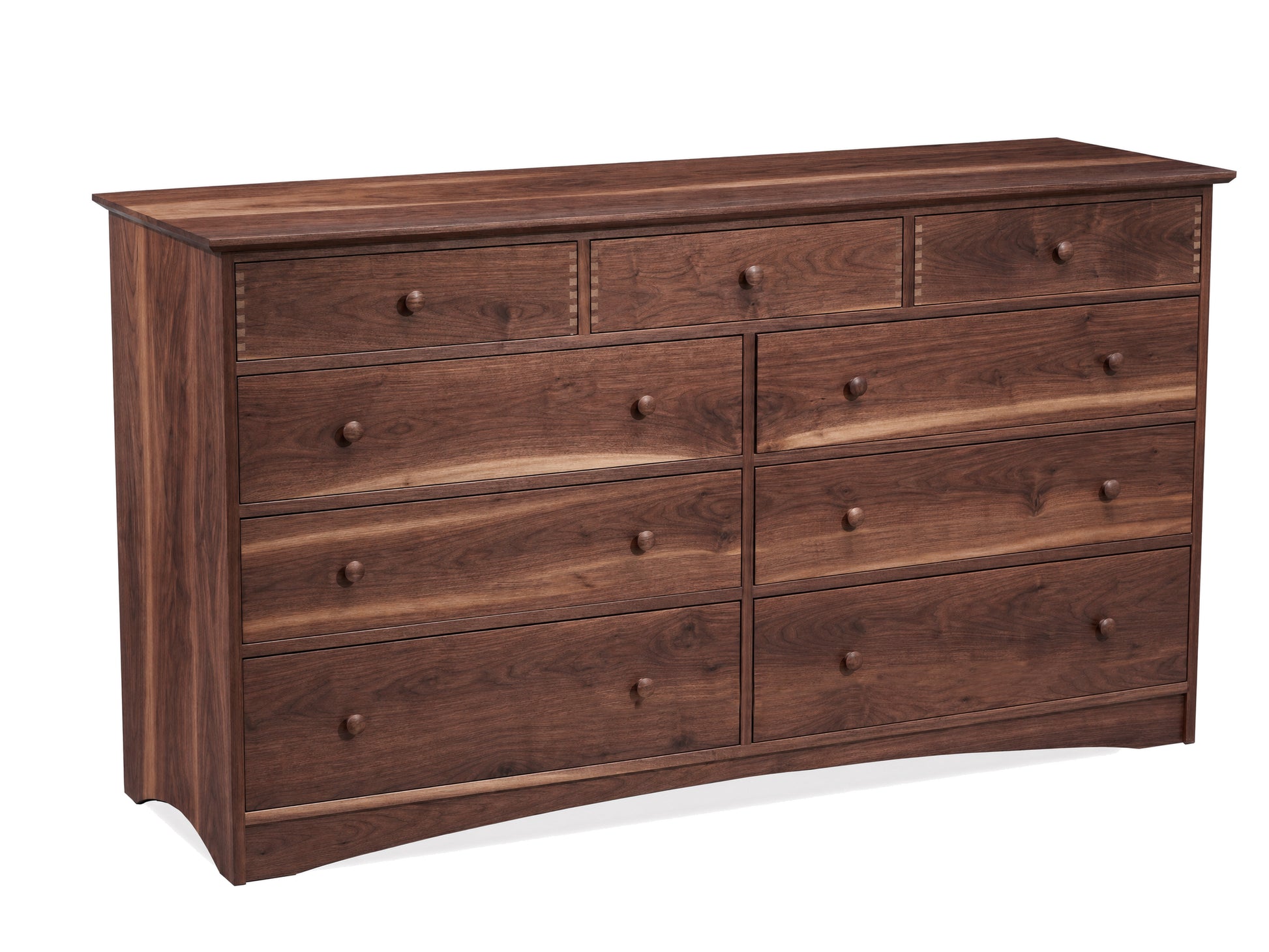 A wooden nine-drawer dresser with a dark Walnut finish and small round knobs, photographed on a plain white background.