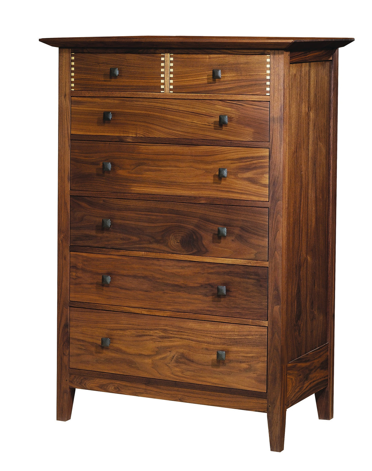Tall classic 7 drawer dresser in a dark Walnut finish and metal square knobs on a white background.