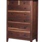 Tall classic 7 drawer dresser in a dark Walnut finish and metal square knobs on a white background.