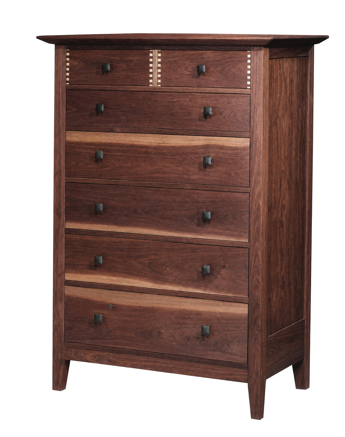 Tall classic 7 drawer dresser in a dark Walnut finish and metal square knobs on a white background.