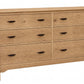 A six-drawer wooden dresser with an Oak finish and dark wood drawer pulls, shown on a plain white background.