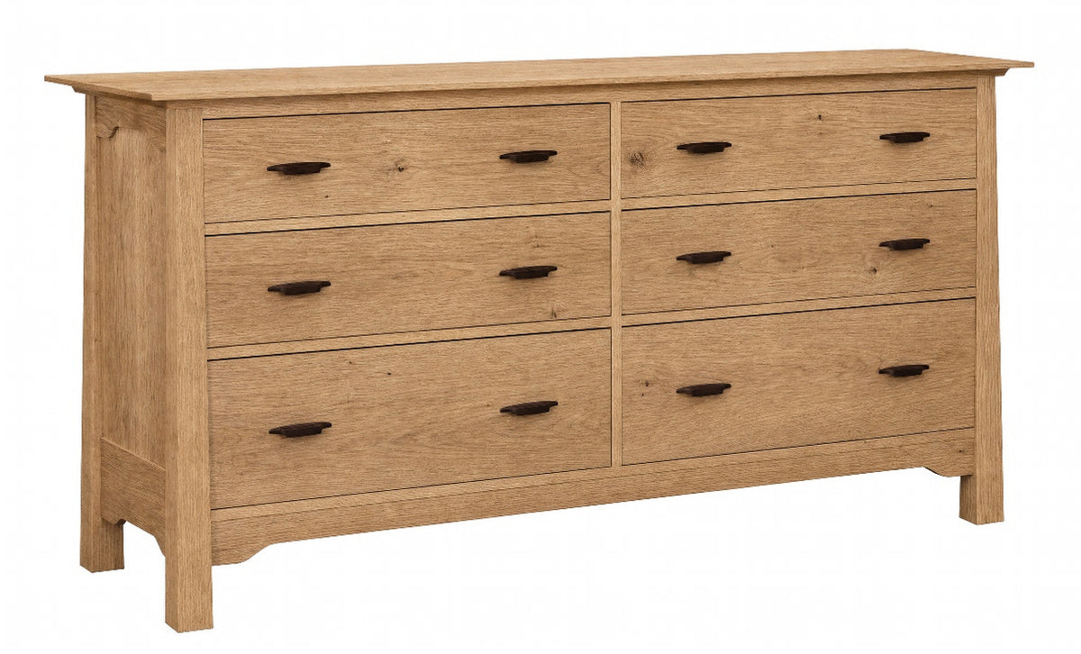 A six-drawer wooden dresser with an Oak finish and dark wood drawer pulls, shown on a plain white background.
