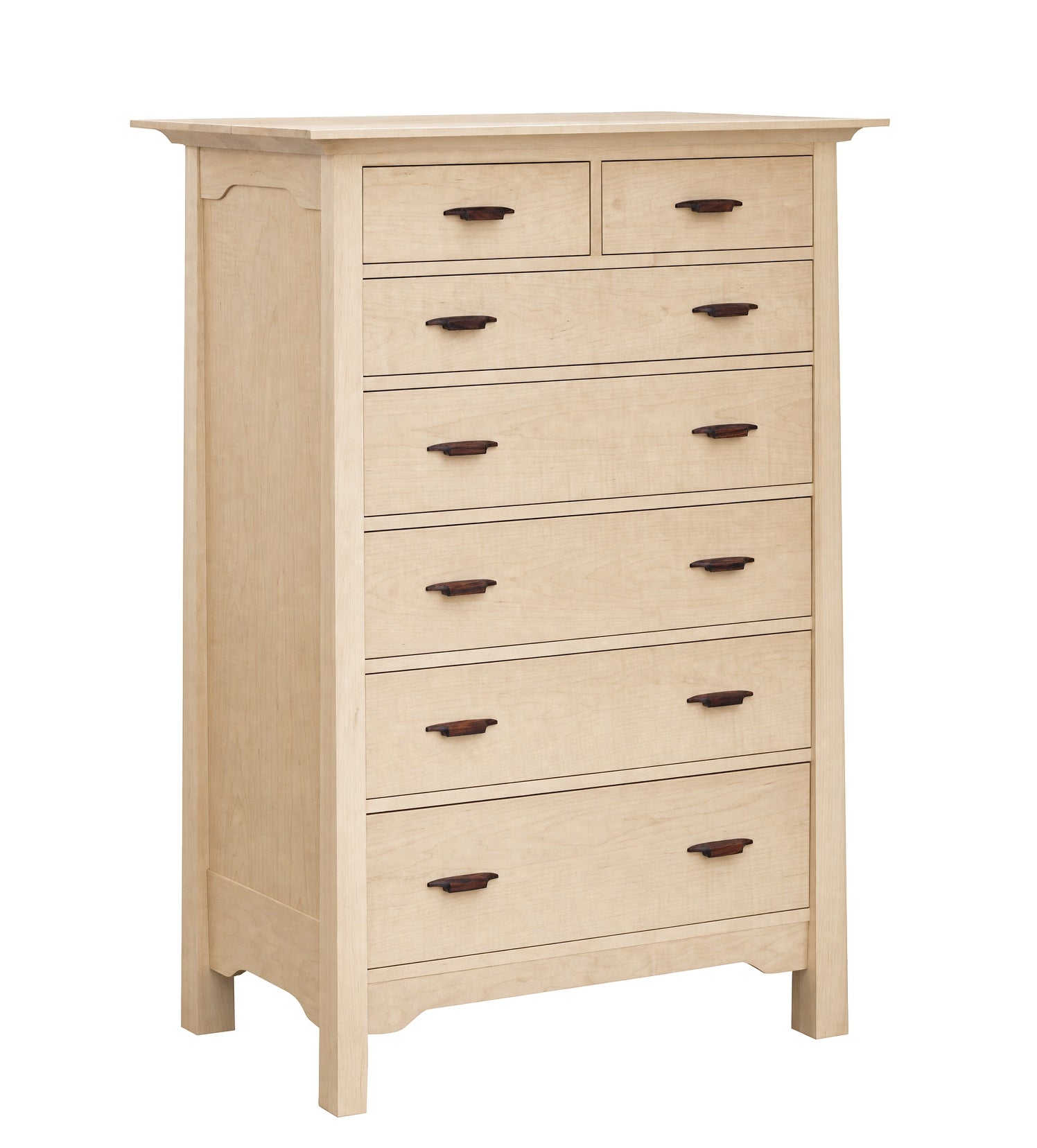 A tall 7 drawer dresser with light Maple finish and dark wood pulls, shown from a three-quarter angle on a white background.