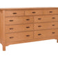 A light Cherry wood 9-drawer dresser with dark wood pull handles, shown from a three-quarter angle on a white background.