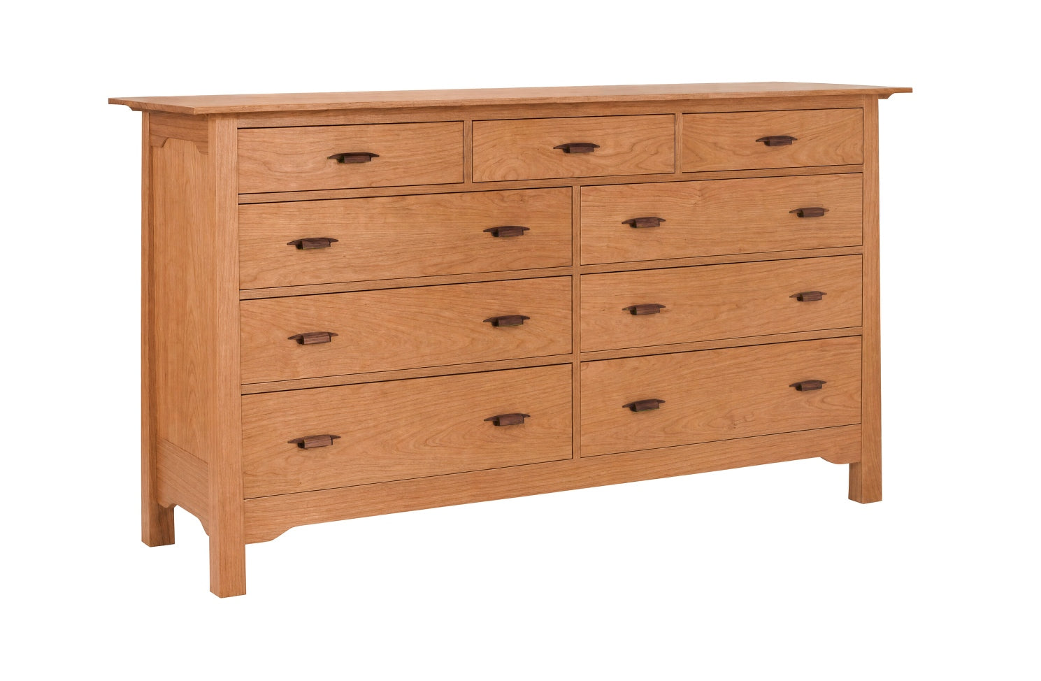 A light Cherry wood 9-drawer dresser with dark wood pull handles, shown from a three-quarter angle on a white background.