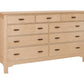 A light Maple wood 9-drawer dresser with dark wood pull handles, shown from a three-quarter angle on a white background.