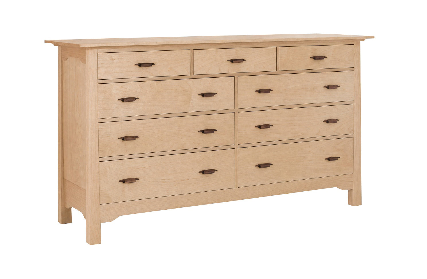 A light Maple wood 9-drawer dresser with dark wood pull handles, shown from a three-quarter angle on a white background.