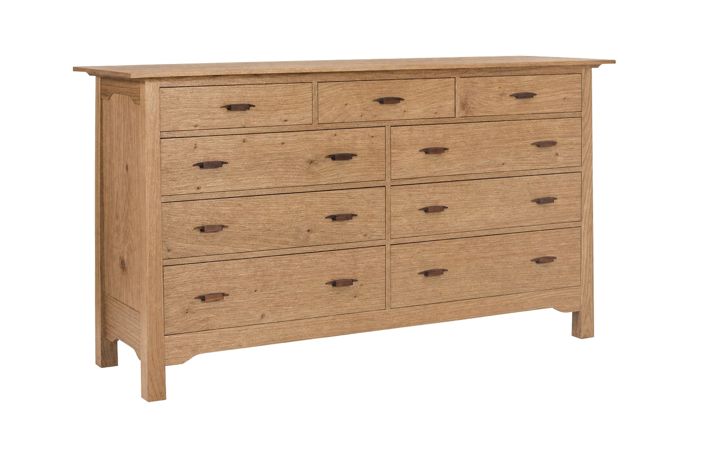 A light oak wood 9-drawer dresser with dark wood pull handles, shown from a three-quarter angle on a white background.