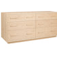 A six-drawer wooden dresser with a light Maple finish and matching wood handles, shown from a three-quarter angle on a white background.