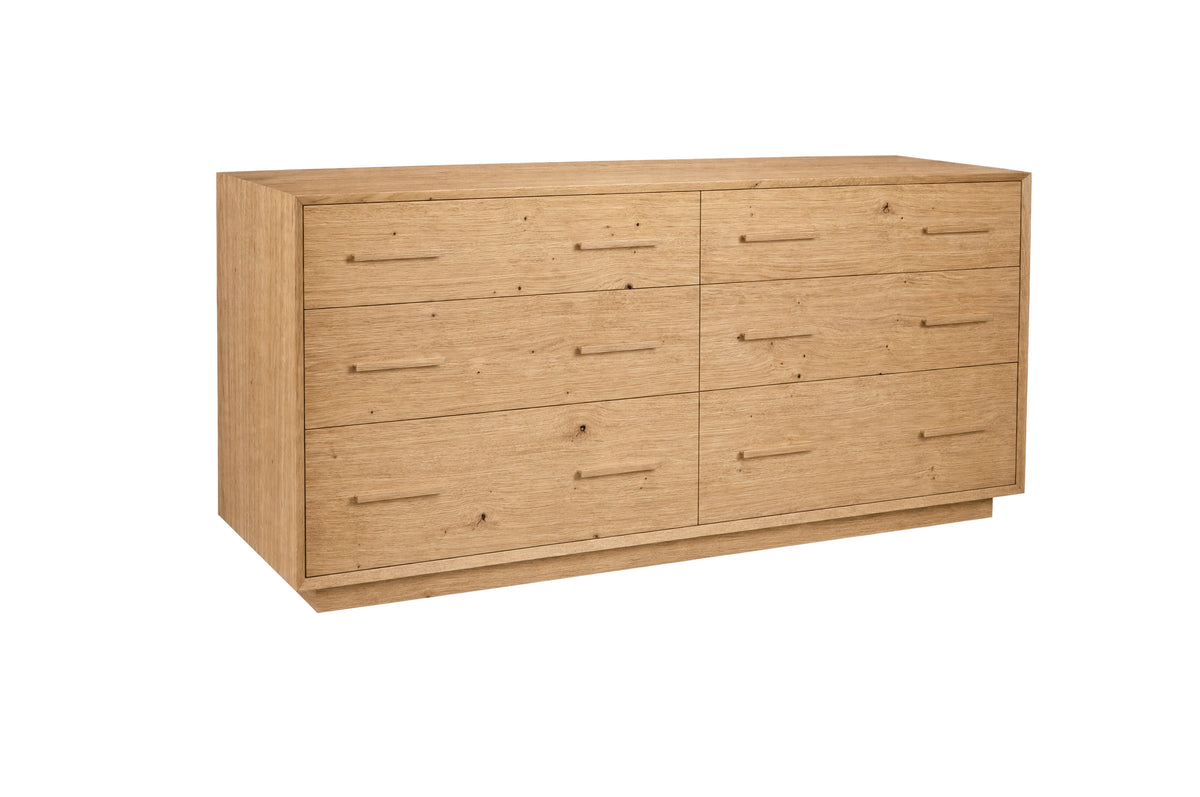 A six-drawer wooden dresser with an Oak finish and matching wood handles, shown from a three-quarter angle on a white background.