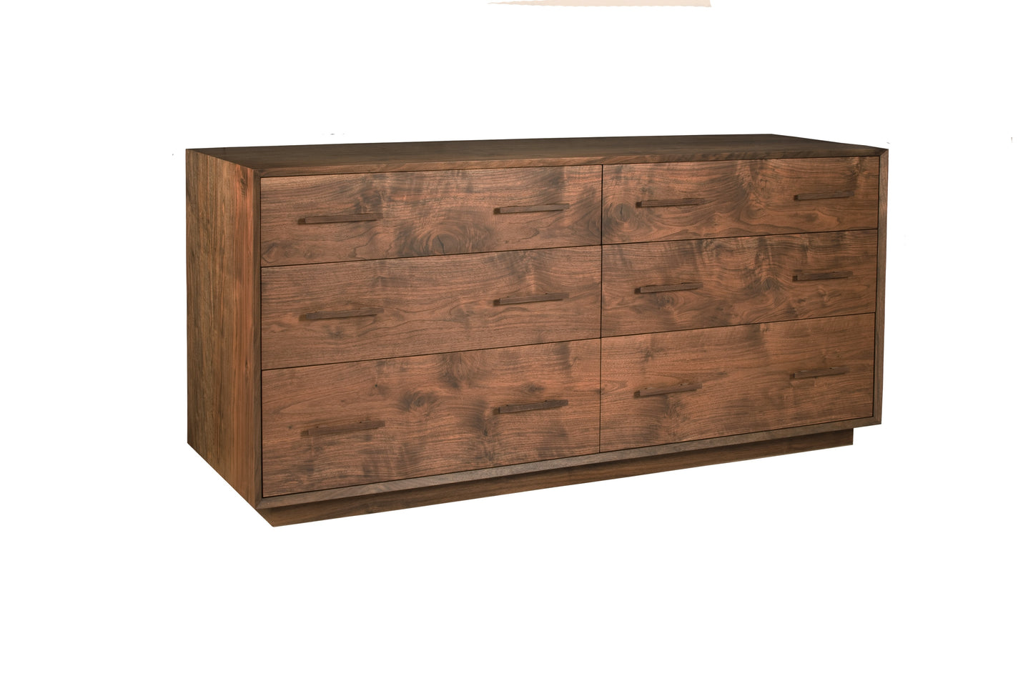 A six-drawer wooden dresser with a medium brown finish and matching wood handles, shown from a three-quarter angle on a white background.