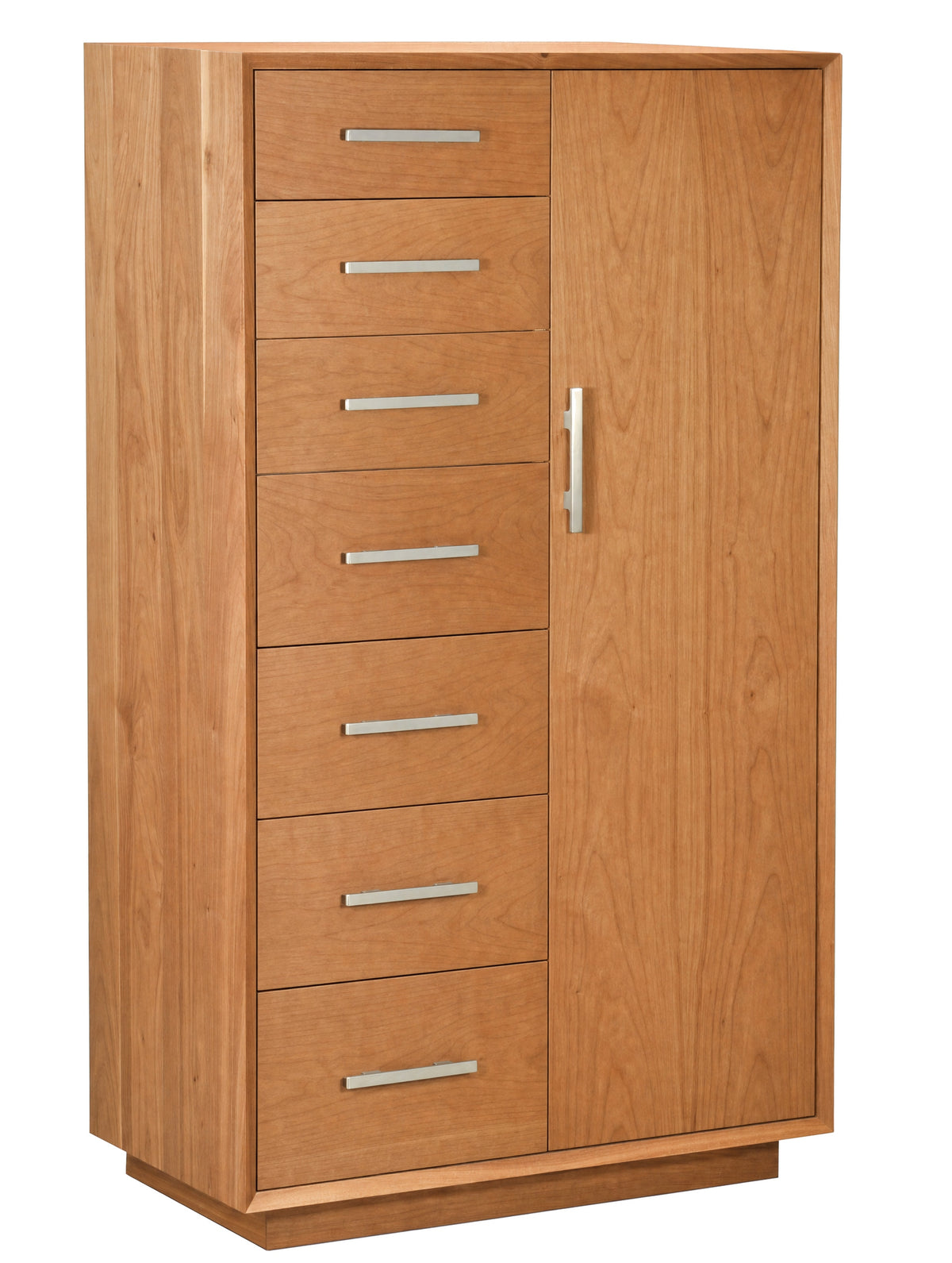 A tall wooden storage cabinet with seven drawers on the left and a single door on the right, finished in a light Cherry wood tone with silver metal handles.